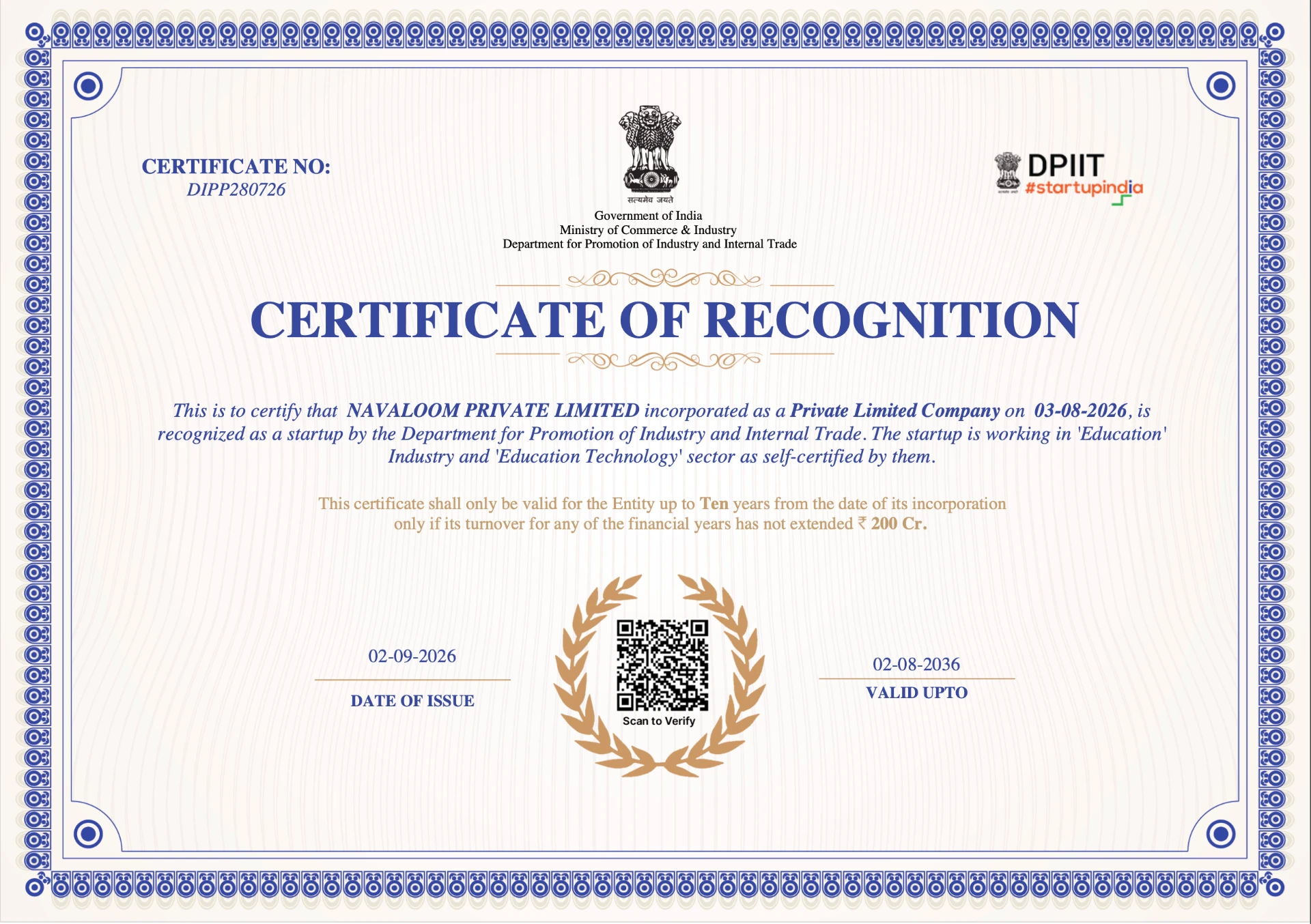 DPIIT Certificate of Recognition for Navaloom Private Limited, Government of India